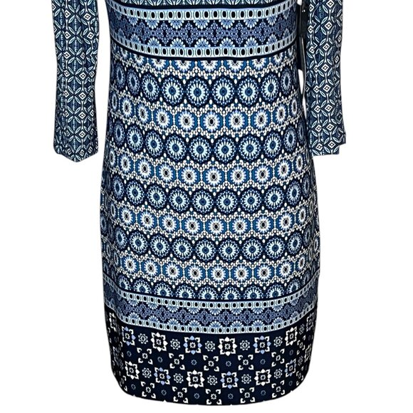 Vince Camuto blue patterned jersey sheath dress with balloon sleeve 2 NWT - Picture 5 of 13